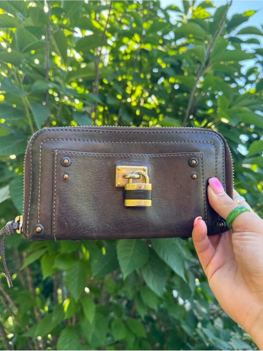 Chloé Paddington Dark Brown Leather Zip Wallet with Gold Lock